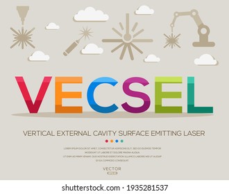 VECSEL: acrónimos láser, letras e iconos de la superficie de cavidad externa vertical, ilustración vectorial.
