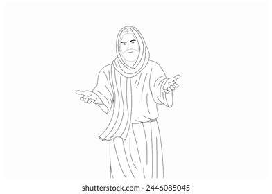 Vecter of line sketch of Jesus Christ, Jesus background, Jesus is showing hands and invitting us to him.