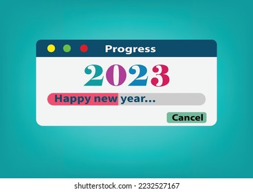 Vecter of loading with new year 2023 bar.Transfer Download to 2023 year.Digital data,circuit board, Scientific,technology.Vecter digital art and  new year 2023 concept.  