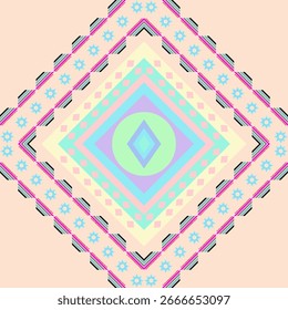 Vecter, Abstraktes geometrisches Stammesmuster in Pastellfarben mit Diamantformen und dekorativen ethnischen Elementen. Modernes ethnisches Design, perfekt für Textilien, Tapeten, Stoffdruck und digitale Dekoration.