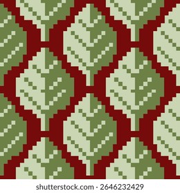 vecter,Seamless pixel art pattern with stylized green leaves on a dark red background. Retro-inspired geometric texture, perfect for textile, fabric print, wallpaper, and digital design projects.