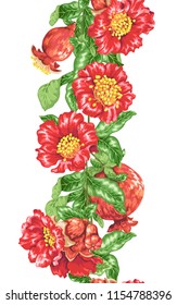 Vectical vector pomegranate line with blooming flowers and fruits in realistic graphic design illustration