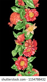 Vectical vector pomegranate line with blooming flowers and fruits in realistic graphic design illustration