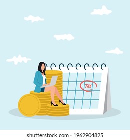Vectir illustration of Tax Day Reminder Concept. Business woman submit tax by online concept, online tax payment and report. Business income.
