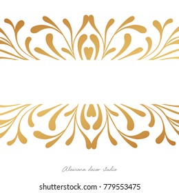 Vecto card elegant design witn  hand drawn lovely golden foil graphic decorative flourish border frame: delicate swirls, ornatate vintage elegant floral motif. Wedding invite, save the date, greeting
