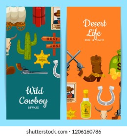 Vecto colored cartoon wild west elements web banner or poster templates illustration