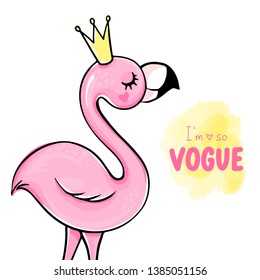 Vecto Cute pink flamingo. Funny illustration with inscription - I'm so vogue. Tropical bird isolated on white background. Fashion animals. Cartoon hand drawn flamingo.