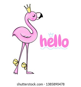 Vecto Cute pink flamingo. Funny illustration with inscription - hello. Tropical bird isolated on white background. Fashion animals. Cartoon hand drawn flamingo.