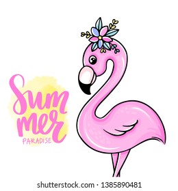 Vecto Cute pink flamingo. Funny illustration with inscription - Summer paradise. Tropical bird isolated on white background. Fashion animals. Cartoon hand drawn flamingo.