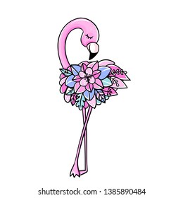 Vecto Cute pink flamingo. Tropical bird isolated on white background. Fashion animals. Cartoon hand drawn flamingo with flowers.