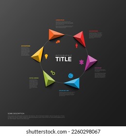 Vecto dark multipurpose Infographic template with title and six triangle pointers elements options in the circle. Multipurpose Infochart with modern colors. 