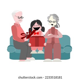 Vecto grandparents , grandchildren are sitting on the sofa. old couple and a young girl are opening gift boxes with a happy expression.New Year's Eve illustration.Object on isolate white background.
