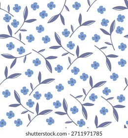 Vector Patrón floral sin fisuras con flores y hojas azules, vibraciones de primavera