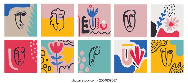 Vecto set of cards with hand drawn Faces, Leaves, Flowers, abstract shapes. Doodle, art modern posters. Contemporary collage blob illustrations. Continuous line, minimalistic concept. 