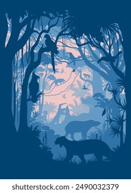 vectoe Amazon rainforest jungle illustration with animals	