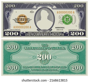 Vectoe fictional obverse and reverse of a gold certificate with a face value of 200 dollars. US paper money. Rutherford