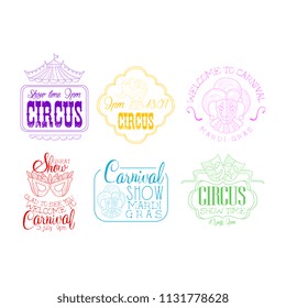 Vectoe set of emblems for circus and Mardi Gras carnival. Sketch logo templates with masks, elephant on stand, jesters and top of tent