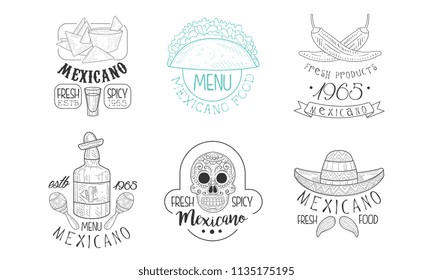 Vectoe set of sketch emblems for Mexican restaurant. Hand drawn logos with traditional food and drink, skull and sombrero hat with mustache