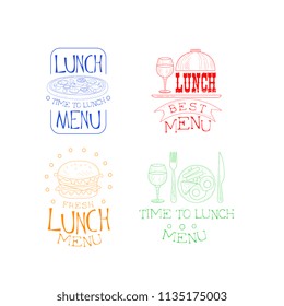 Vectoe set of sketch logos for cafe or restaurant menu. Time to lunch. Emblems with pizza, burger, water glass and traditional breakfast