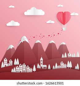 vectoer design papercutting of heart shaped balloon on a village with mountain landscape