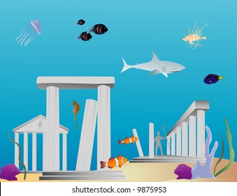 Vectoir based cartoon illustration of the ruins of and ancient underwater city