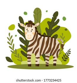Vecton illustration of a cute striped zebra on a background of moldings and jungle trees. Cute cartoon animal in flat style. For printing on glasses, dishes, notebooks, illustrations for books. Joo