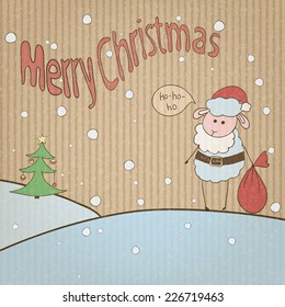 Vecton illustration. Stylized Christmas card on cardboard, with lamb - Santa