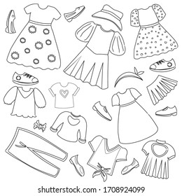 Vecton illustration with women's clothing: dresses, pants, skirts, T-shirts with shoes. seamless pattern. doodle