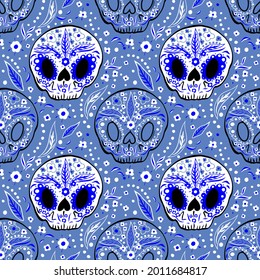 
Vecton skull print in Mexican style. White lines on a blue background. Seamless pattern.