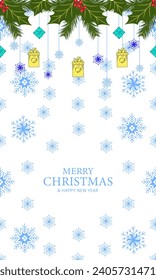 Vecton snowy frame with Christmas snow,gifts,oculus.Illustration for decor,background,cards,prints,greetings