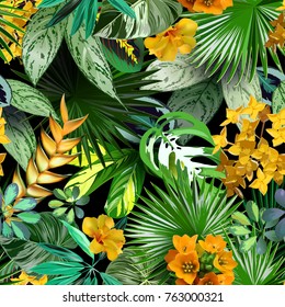 Vectoor tropical leaves and flowers,seamless pattern for wrapping paper, textiles, tropical background, travel design, spa, cosmetics