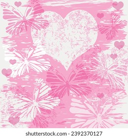 Vectoq Valentine grunge rose frame with ranslucent heart and butterflies