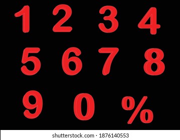 Vector 0, 1, 2, 3, 4, 5, 6, 7, 8, 9 Red color numeral alphabet.