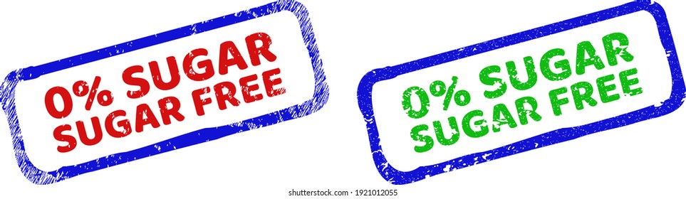 Vector 0 percents SUGAR FREE framed rubber imitations with unclean texture. Rough bicolor rectangle stamps. Red, blue, green colors used.