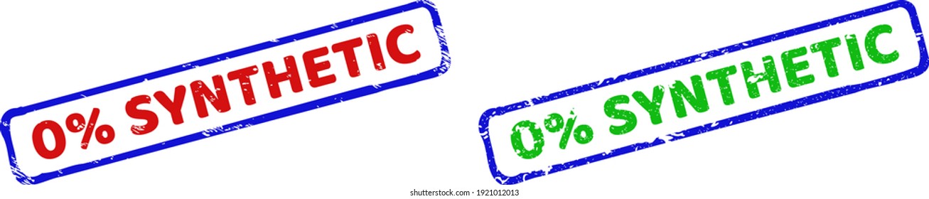Vector 0 percents SYNTHETIC framed watermarks with scratched style. Rough bicolor rectangle watermarks. Red, blue, green colors used.