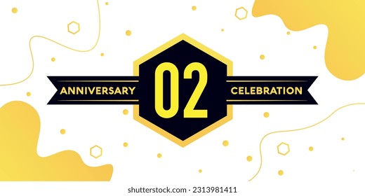 Vector 02 years anniversary logo vector design with yellow geometric shape with black on white background