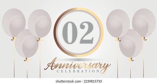 Vector 02nd year anniversary celebration background. gray and gold color numbers and text with balloons.

