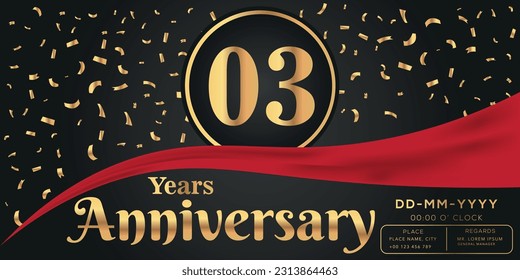Celebración del aniversario del vector 03 en un fondo oscuro con números dorados y diseño de confeti