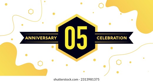 Vector 05 years anniversary logo vector design with yellow geometric shape with black on white background