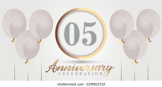 Vector 05th year anniversary celebration background. gray and gold color numbers and text with balloons.

