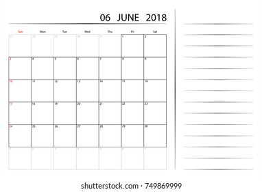 Vector 06 June 2018. Calendar planner design template. Week starts on Sunday. Stationery design