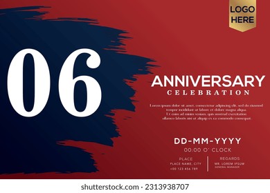 Vector 06 años aniversario con cepillo azul aislado en el diseño de vectores de fondo rojo
