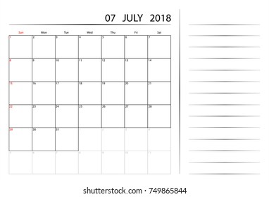 Vector 07 July 2018. Calendar planner design template. Week starts on Sunday. Stationery design