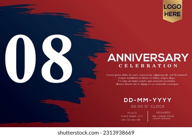Vector 08 años aniversario con cepillo azul aislado en el diseño de vectores de fondo rojo
