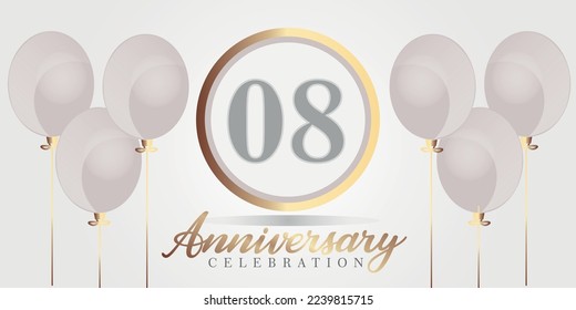 Vector 08th year anniversary celebration background. gray and gold color numbers and text with balloons.

