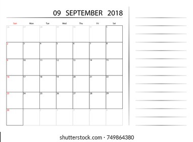 Vector 09 September 2018. Calendar planner design template. Week starts on Sunday. Stationery design
