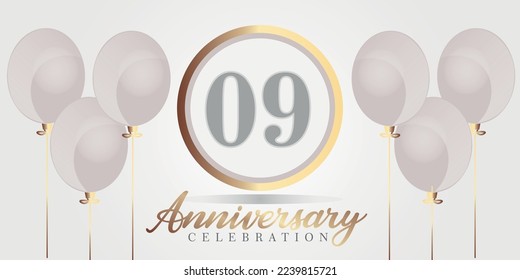 Vector 09th year anniversary celebration background. gray and gold color numbers and text with balloons.

