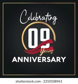 Vector 09th year anniversary celebration logo with ring and elegance golden color isolated vector design