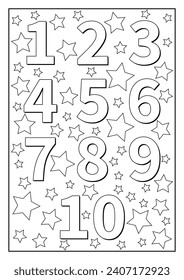 vector 1 - 10 numbers with stars coloring page appropriate for kindergarten kids, preschool, school activities and worksheets