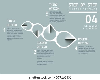 Vector 1 - 2 - 3 - 4 progress/process stages and steps. Serious corporate blueprint color scheme. Circle-based shapes.
